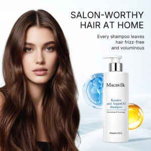Macasilk Keratin ma le Suau'u Argan Shampoo e toe fa'aleleia ai lauulu ua fa'aleagaina ma toe fa'afo'isia le susulu silika