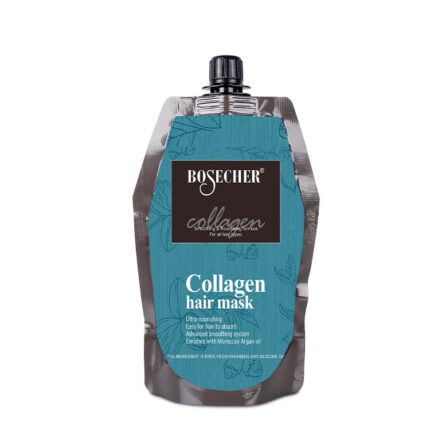 Bosecher Collagen Hair Mask product front packaging - smoothing nourishing formula for all hair types enriched with Moroccan Argan oil