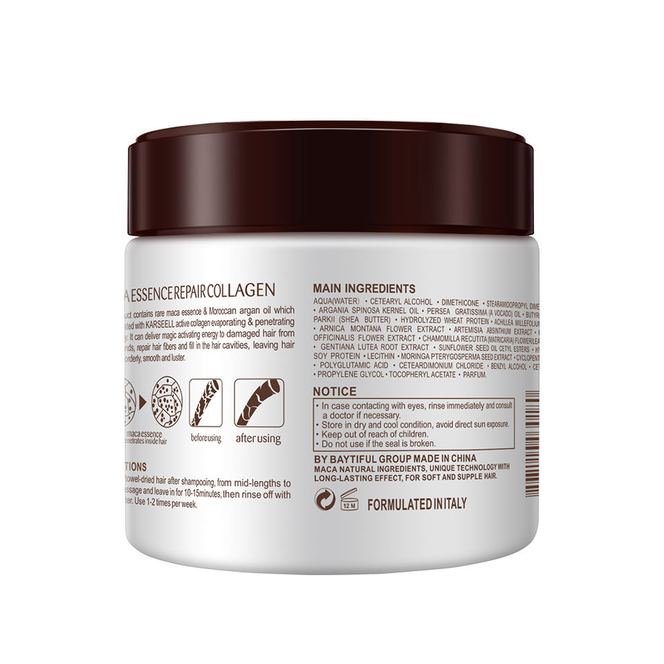 Karseell Maca Collagen Hair Mask back label - ingredients list and directions for use