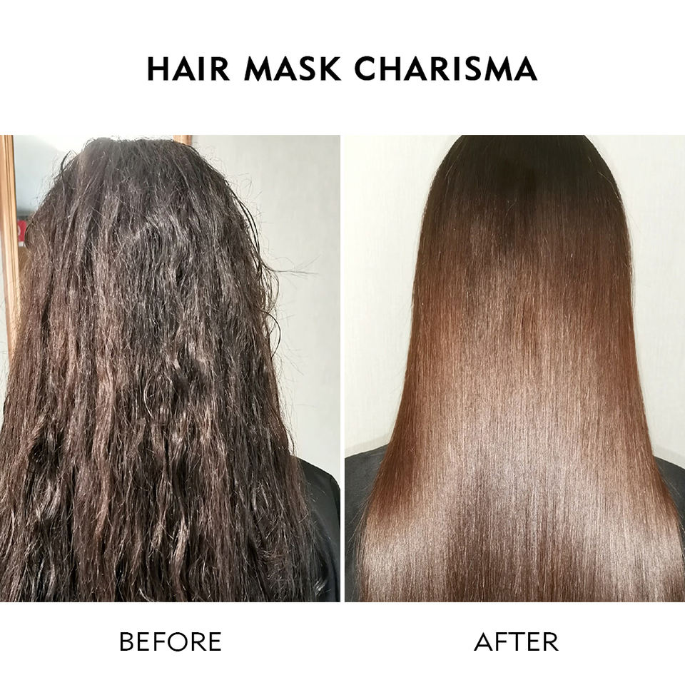 Before and after using Karseell Maca Collagen Hair Mask - frizzy dry hair transformed to smooth shiny hair