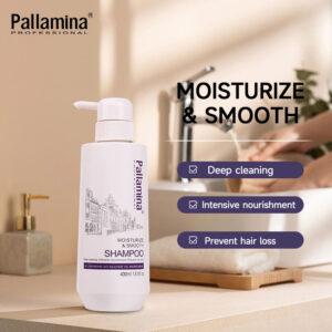 Pallamina moisturizing shampoo pump bottle by sink displaying deep cleaning benefits.